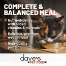 Cat drinking from a bowl with text about dave's pet food, including 'Complete & Balanced Meal' and brand logo.
