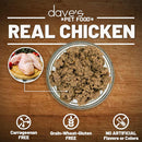 Pet food product with chicken meat and text highlighting 'Real Chicken' and allergen-free attributes on a wooden background.