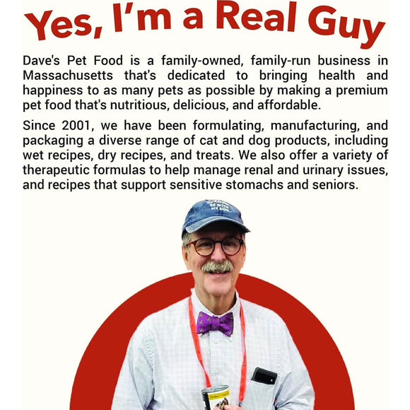 Man wearing a cap and glasses with text about Dave's Pet Food on a white background