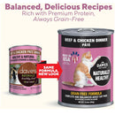 Two cans of Dave's Pet Food cat food on a white background with text about balanced recipes and premium protein.