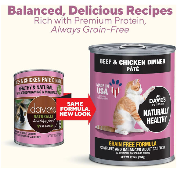 Two cans of Dave's Pet Food cat food on a white background with text about balanced recipes and premium protein.