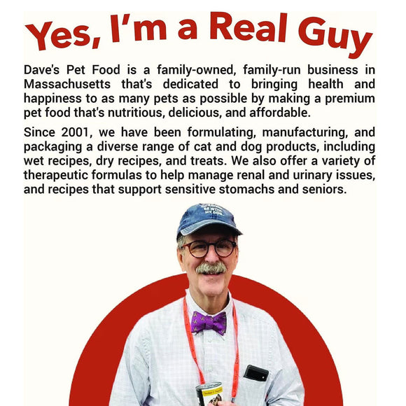 Man wearing a cap and glasses with text about Dave's Pet Food on a white background