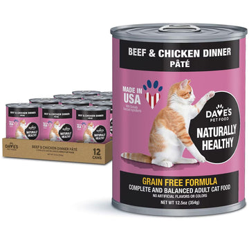 Dave's Pet Food Beef & Chicken Pate Dinner Canned Wet Cat Food, 12.5-oz can, case of 12