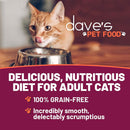 Cat drinking from a bowl with 'dave's Pet Food' branding and promotional text.