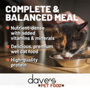 Cat drinking from a bowl with text about dave's pet food on a wooden surface.