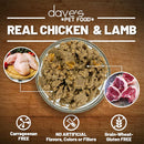 Pet food with chicken and lamb ingredients on a wooden background, featuring 'dave's Pet Food' branding.