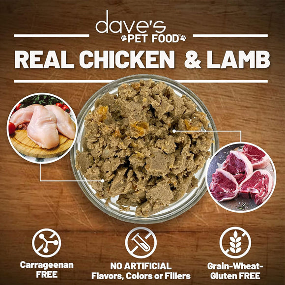 Pet food with chicken and lamb ingredients on a wooden background, featuring 'dave's Pet Food' branding.