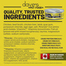 Dave's Pet Food can with a list of ingredients and nutritional information on a yellow background