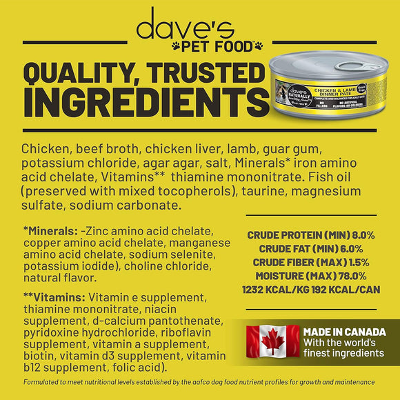 Dave's Pet Food can with a list of ingredients and nutritional information on a yellow background