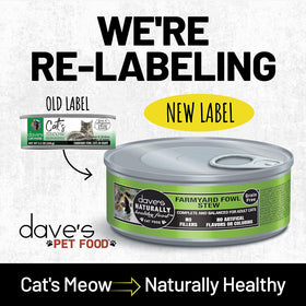 Comparison of old and new labels for dave's Pet Food cat food cans on a light gray background.