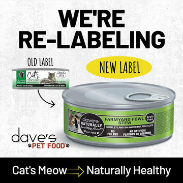 Comparison of old and new labels for dave's Pet Food cat food cans on a light gray background.