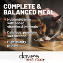 Cat drinking from a bowl with text about dave's pet food on a wooden surface.
