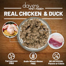 Dietary label for dave's Pet Food with a bowl of pet food, chicken, duck, and certification icons on a wooden background.