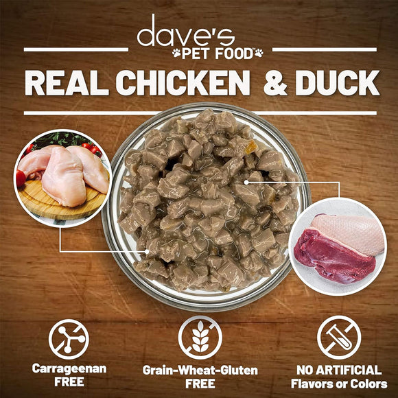 Dietary label for dave's Pet Food with a bowl of pet food, chicken, duck, and certification icons on a wooden background.
