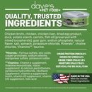 Dave's Pet Food product with ingredients list and nutritional information on a green background