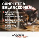 Cat drinking from a bowl with text about dave's pet food on a wooden surface.
