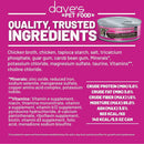Product label for dave's Pet Food with ingredients and nutritional information on a pink background
