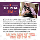 Advertisement for Dave's Pet Food featuring a man with a dog and text about the brand's history and values.