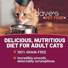 Cat looking into a bowl with 'dave's PET FOOD' branding and promotional text.