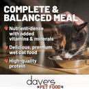 Cat drinking from a bowl with text about dave's pet food, including 'Complete & Balanced Meal' and product features.