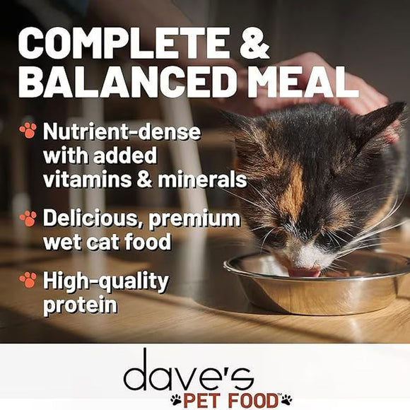Cat drinking from a bowl with text about dave's pet food, including 'Complete & Balanced Meal' and product features.