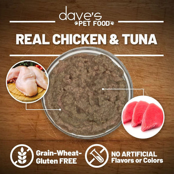 Dave's Pet Food real chicken and tuna pet food on a wooden background