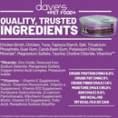 Dave's Pet Food product with nutritional information on a purple background