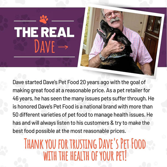 Advertisement for Dave's Pet Food featuring a man holding a dog with text about the brand's history and values.