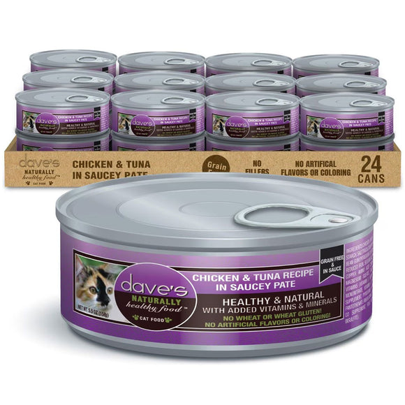 Dave's Pet Food Saucey Pate Chicken & Tuna Recipe Grain-Free Canned Wet Cat Food, 5.5-oz can, case of 24