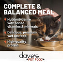 Cat drinking from a bowl with text about dave's pet food, including 'Complete & Balanced Meal' and brand logo.
