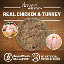 Dave's Pet Food real chicken and turkey pet food on a wooden background