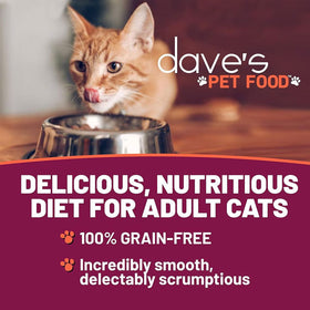 Cat drinking from a bowl with 'dave's PET FOOD' branding and promotional text.
