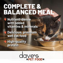 Cat drinking from a bowl with text about dave's pet food on a wooden surface.