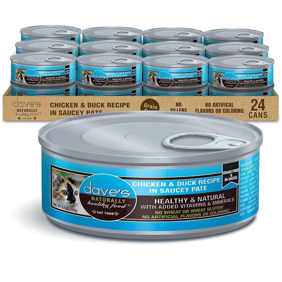 Dave's Pet Food Saucey Pate Chicken & Duck Recipe Grain-Free Canned Wet Cat Food, 5.5-oz can, case of 24