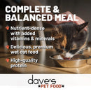 Cat drinking from a bowl with text about dave's pet food, including 'Complete & Balanced Meal' and brand logo.