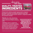 Dave's Pet Food can with ingredient list and nutritional information on a pink background