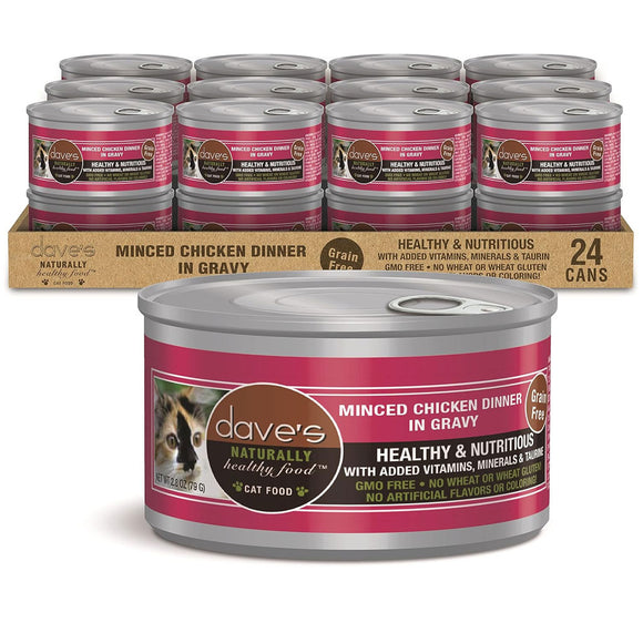 Dave's Pet Food Minced Chicken Dinner in Gravy Canned Wet Cat Food, 2.8-oz can, case of 24
