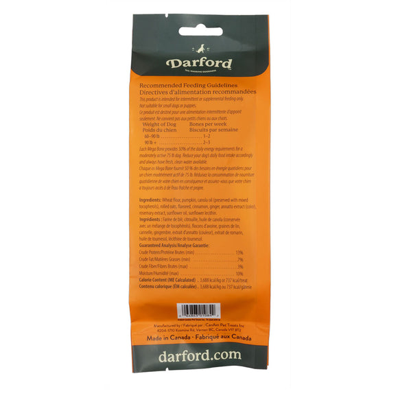 Darford dog food package with text and branding on an orange and black background