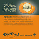 Product label for Darford Mega Bones Mega Pumpkin with ingredients list and branding details.