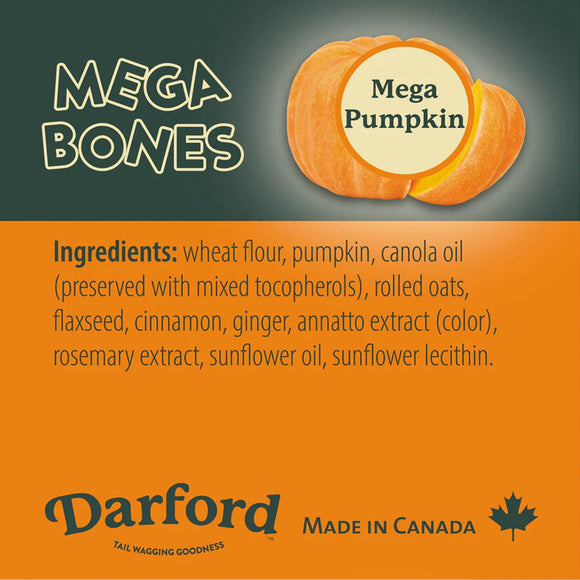 Product label for Darford Mega Bones Mega Pumpkin with ingredients list and branding details.