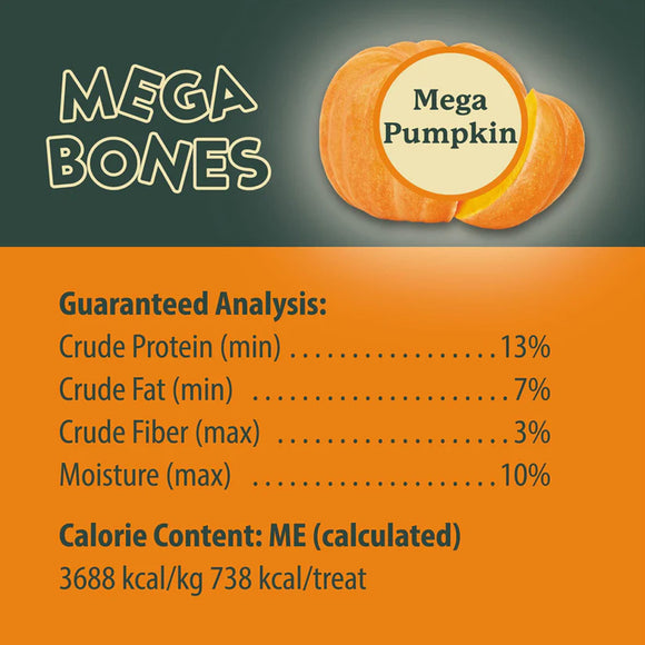 Mega Bones Mega Pumpkin product with guaranteed analysis and calorie content on an orange and green background.