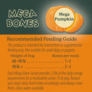 Mega Bones Mega Pumpkin product packaging with feeding guide on an orange and green background