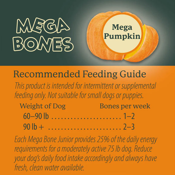 Mega Bones Mega Pumpkin product packaging with feeding guide on an orange and green background