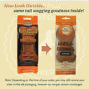 Two packages of Mega Bones Junior dog treats with text about new packaging design.
