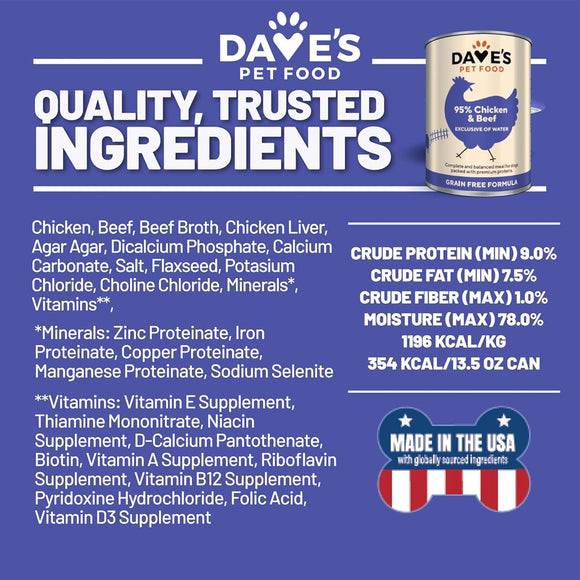 Dave's Pet Food 95% Premium Chicken & Beef Pate Limited Ingredient Grain-Free Canned Wet Dog Food, 13-oz can, case of 12
