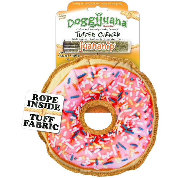 Doggijuana Tuffer Chewer Refillable Juananip Donut Tough Squeaky Dog Plush Toy, 1 count