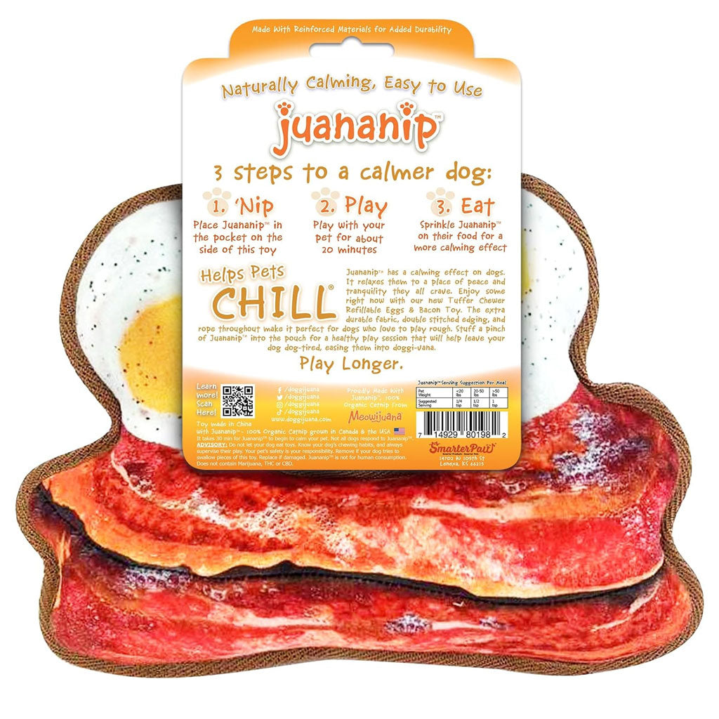 Doggijuana Tuffer Chewer Refillable Juananip Eggs & Bacon Squeaky Dog Plush Toy