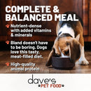 Dog eating from a bowl with text about dave's pet food on a wooden floor.