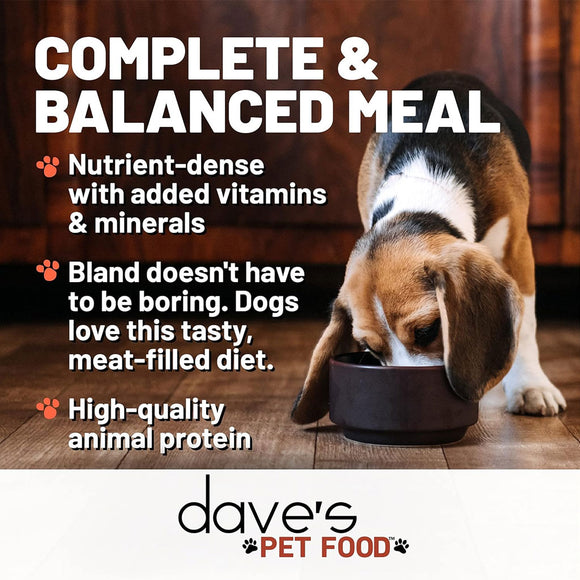 Dog eating from a bowl with text about dave's pet food on a wooden floor.