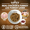 Dave's Pet Food product with ingredients on a wooden background